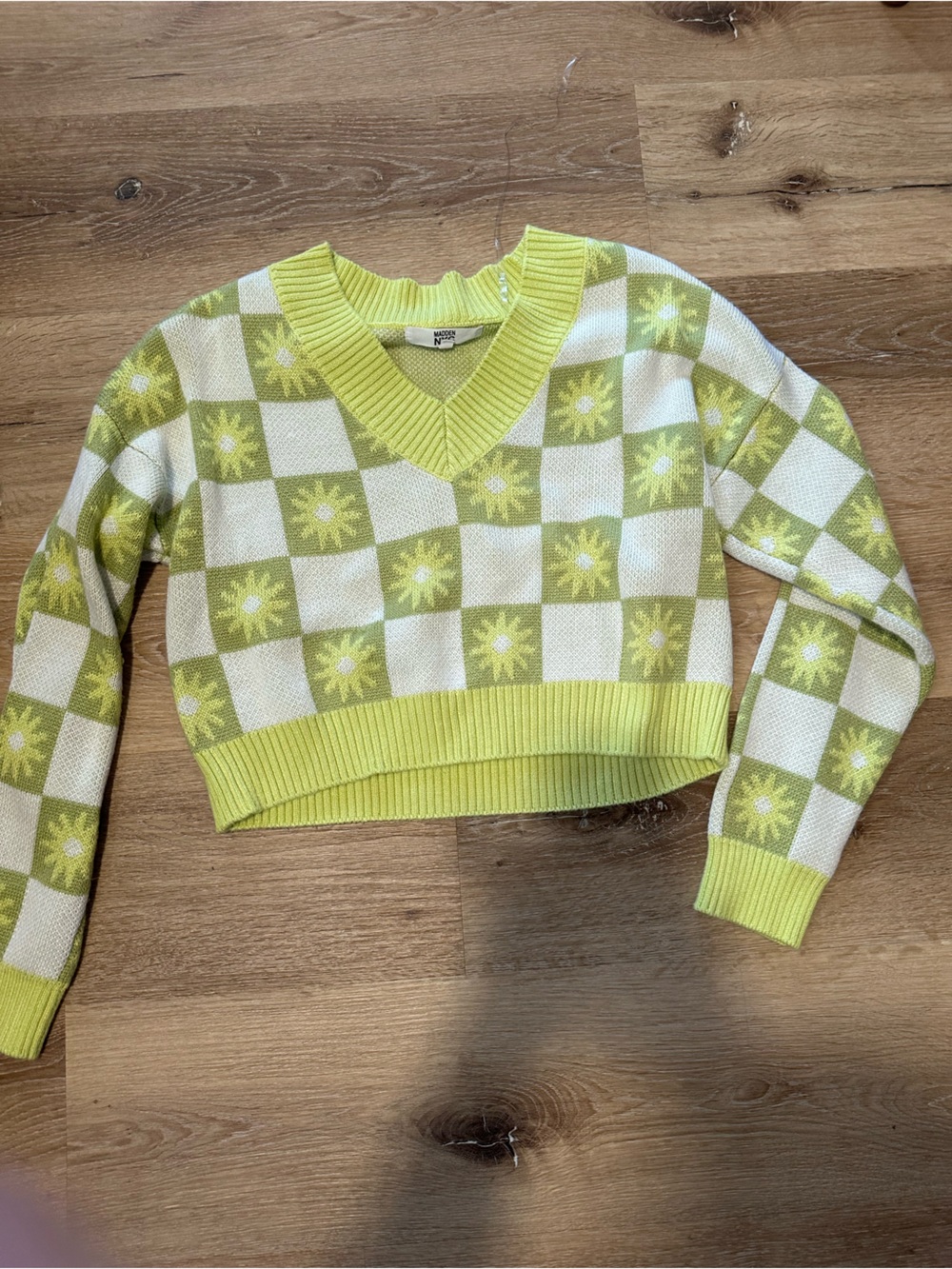 Cropped Checkerboard V-Neck Sweater large